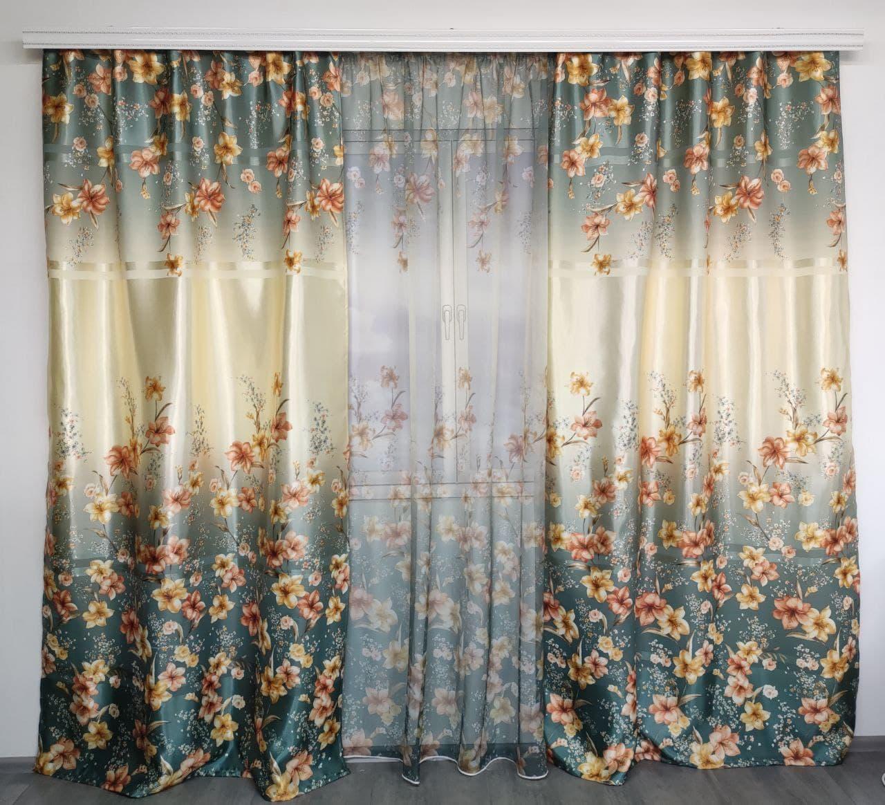 Штори бірюзові атласні з батистовим тюлем з ліліями ALBO (SHT-650-4), фото 1