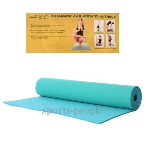 Килимок для йоги та фітнесу MS 0613-1, ТРЕ, двошаровий, 183 см × 61 см × 6 мм, колір. ТРЕ (термопластичний еластомер);, бірюзовий з зеленим