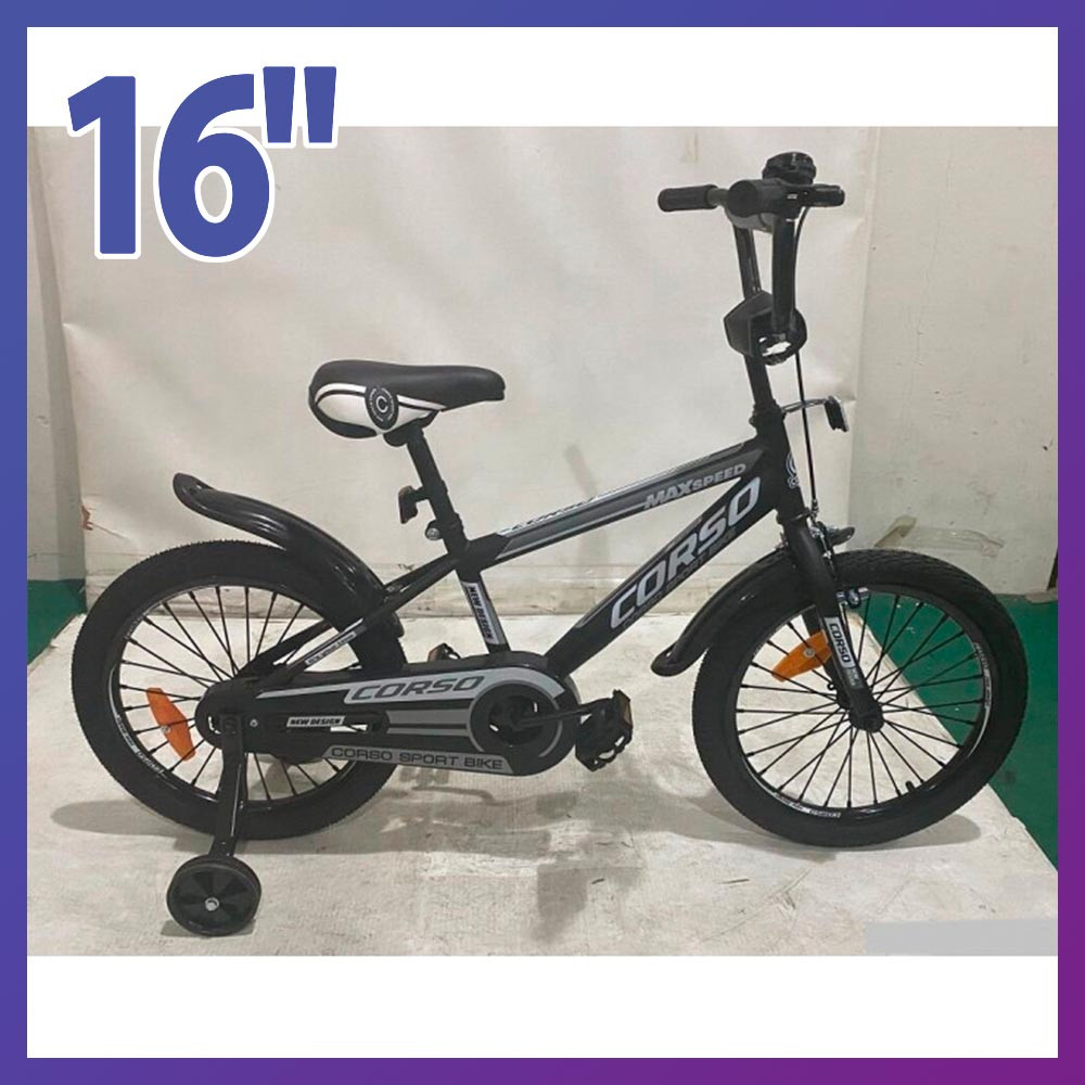 Велосипед дитячий двоколісний Corso ST-16744 16" зріст 100-120 см вік 4 до 7 років чорно-сірий