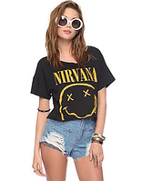 Футболка Nirvana жіноча чорна вільна (чоловіча, жіноча, підліткова) жовте лого в стилі Нірвана Смайл