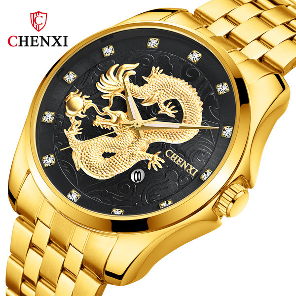 Классные Часы мужские наручные из нержавеющей стали водонепроницаемые Chenxi CX-8220 Золотой-Черный - фото 2 - id-p1430067393