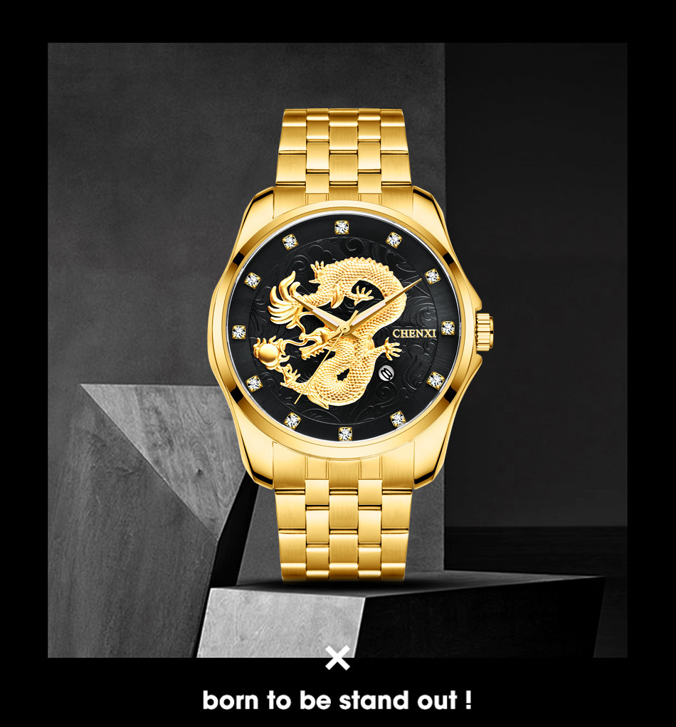 Классные Часы мужские наручные из нержавеющей стали водонепроницаемые Chenxi CX-8220 Золотой-Черный - фото 3 - id-p1430067393