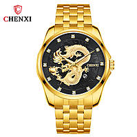Классные Часы мужские наручные из нержавеющей стали водонепроницаемые Chenxi CX-8220 Золотой-Черный