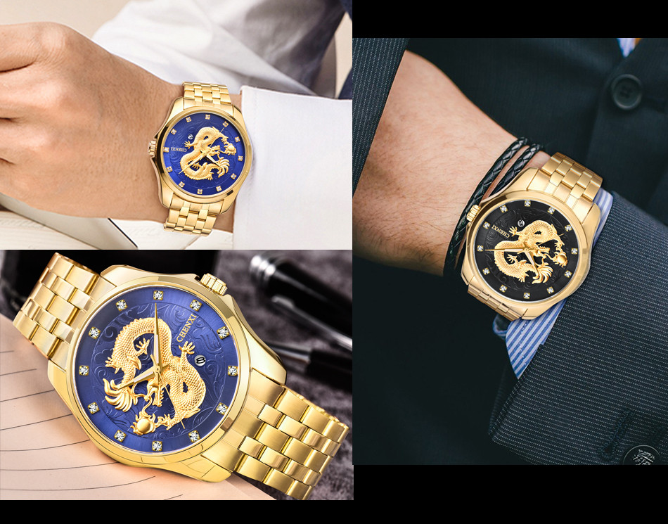 Классные Часы мужские наручные из нержавеющей стали водонепроницаемые Chenxi CX-8220 Золотой-Черный - фото 8 - id-p1430067393