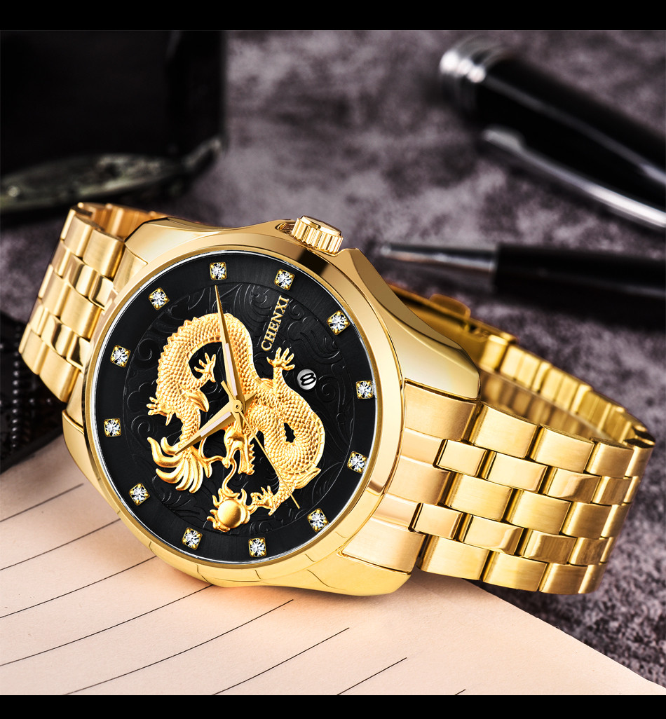 Классные Часы мужские наручные из нержавеющей стали водонепроницаемые Chenxi CX-8220 Золотой-Черный - фото 4 - id-p1430067393