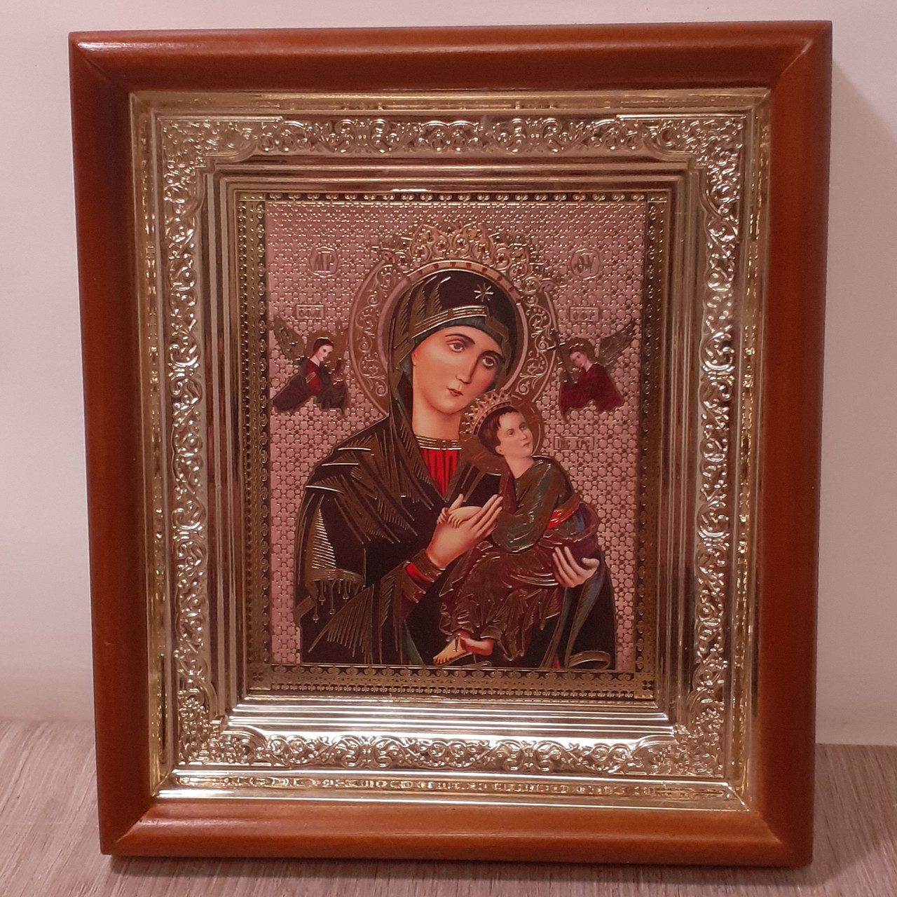 Ікона Страсна Пресвята Богородиця, лик 10х12 см, в світлому прямому дерев'яному кіоті, фото 1
