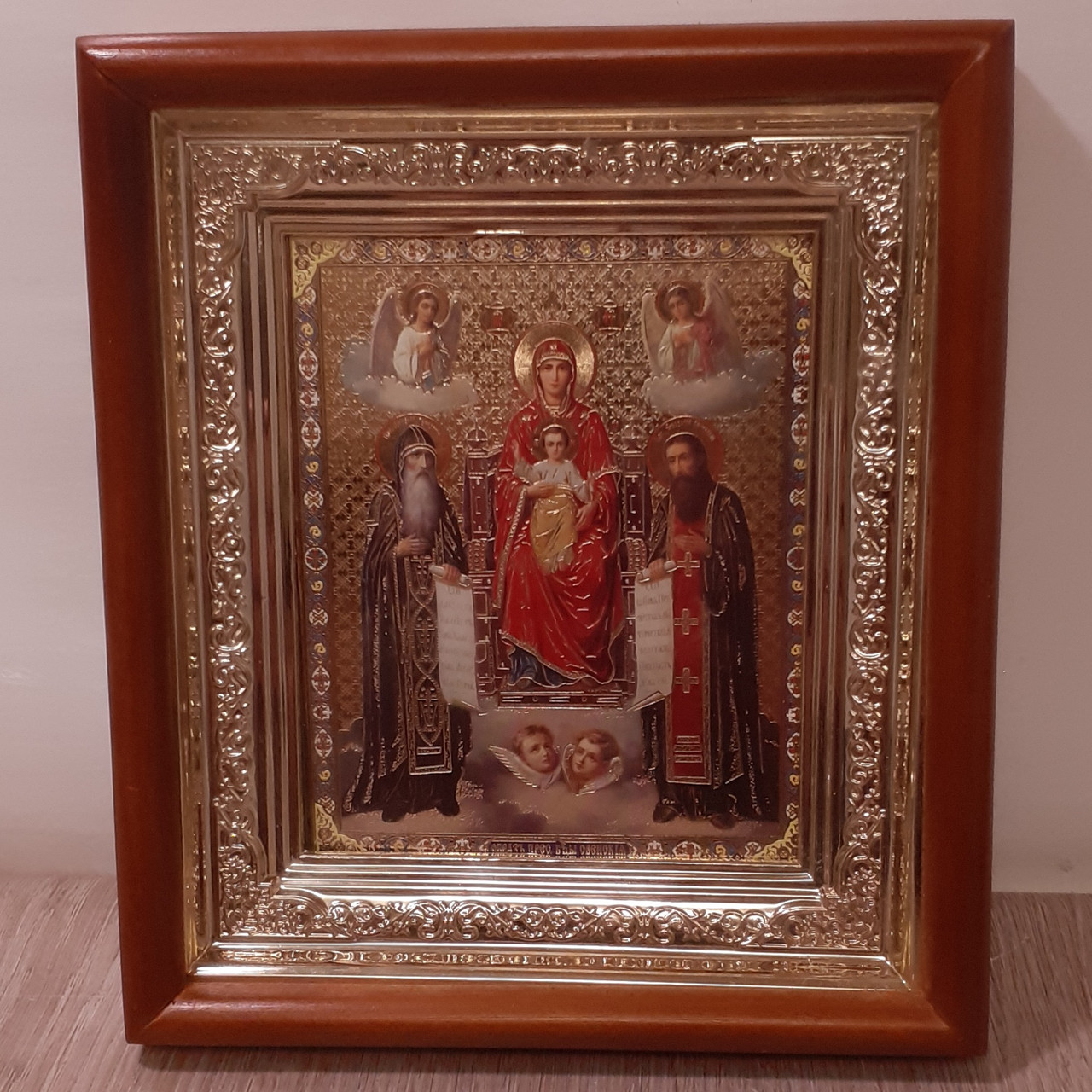 Ікона Свенська Пресвята Богородиця, лик 10х12 см, у світлому прямому дерев'яному кіоті, фото 1