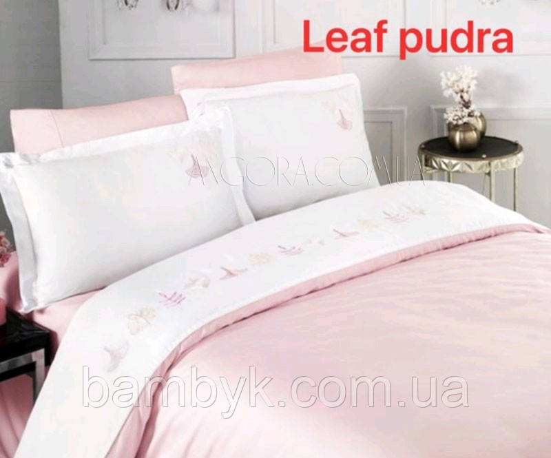 Елітна постільна білизна вишивкою "Leaf Pudra" (сатин) євророзмір Altinbasak Туреччина пудра