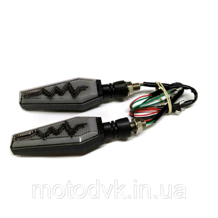 Біжать (динамічні) повороти на мотоцикл з білим габаритом діодні, чорні (R-245-12) (к-т 2 штуки), фото 1