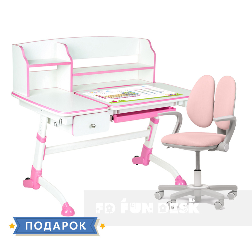 Універсальний комплект для дівчинки парта FunDesk Amare II Pink + крісло Fundesk Mente Pink з підлокітниками