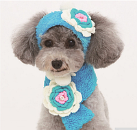 Комплект шапка и шарфик для маленьких собак голубого цвета