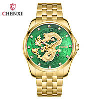 Классные Часы мужские наручные из нержавеющей стали водонепроницаемые Chenxi CX-8220 Золотой-Зеленый