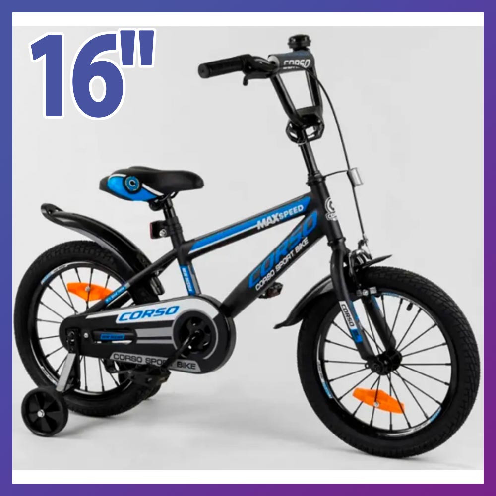Велосипед дитячий двоколісний Corso ST-16120 16" зростання 100-120 см вік 4 до 7 років чорно-синій