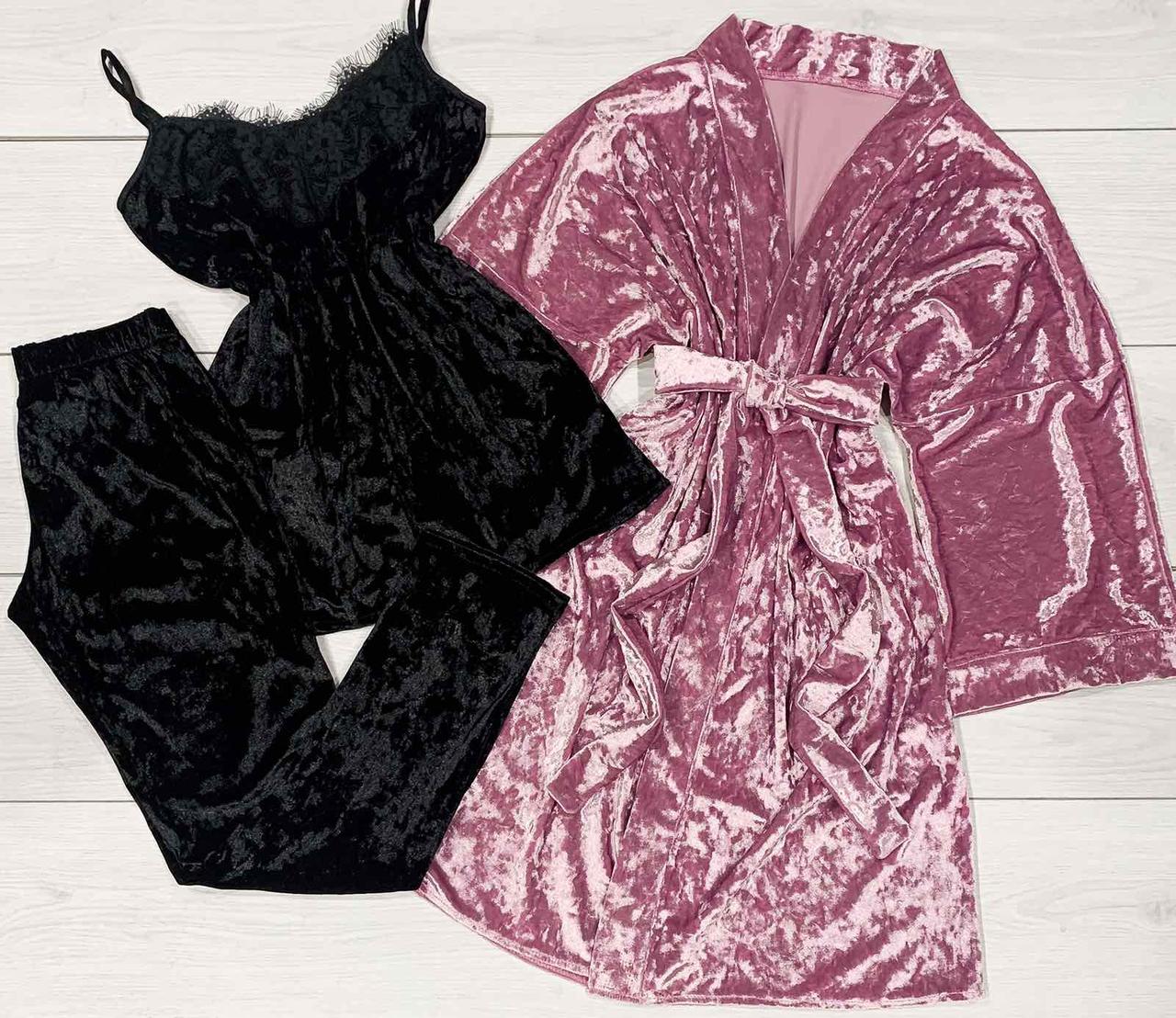 Халат Pink велюровий + піжама з лосинами