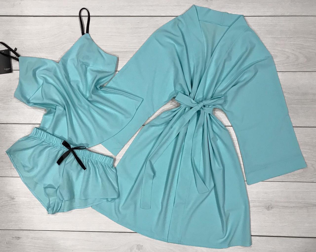 Мятная пижама и халат Однотонный набор женской одежды для сна и отдыха - фото 1 - id-p1307154656