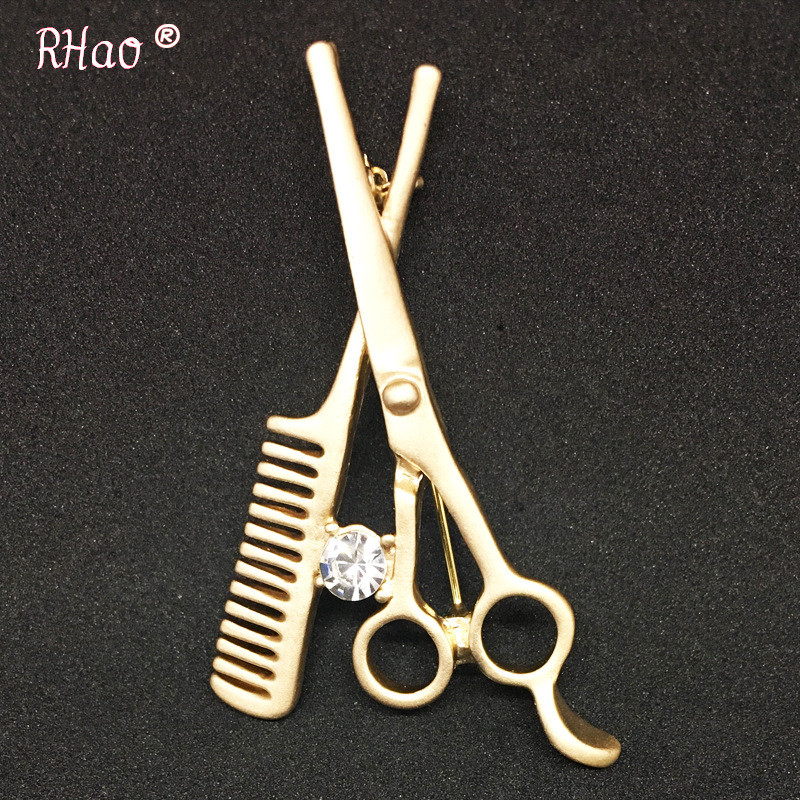 Брошка перукаря Ножиці і Гребінець, з блискучим каменем (золотиста), фото 1