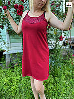 Червона нічна сорочка жіноча гепюр на вузьких брижках 44-58 р. кулір.