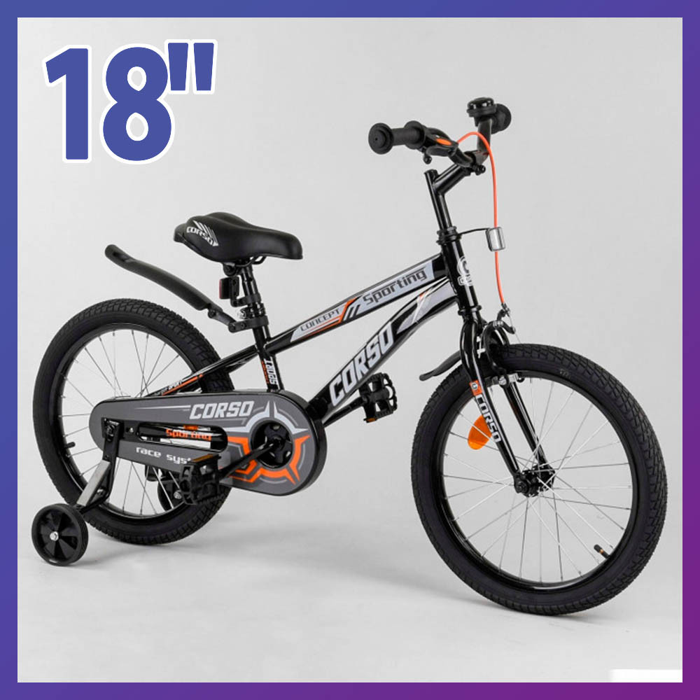 Велосипед дитячий двоколісний Corso R-18264 18" зріст 110-130 см вік 5 до 8 років чорний