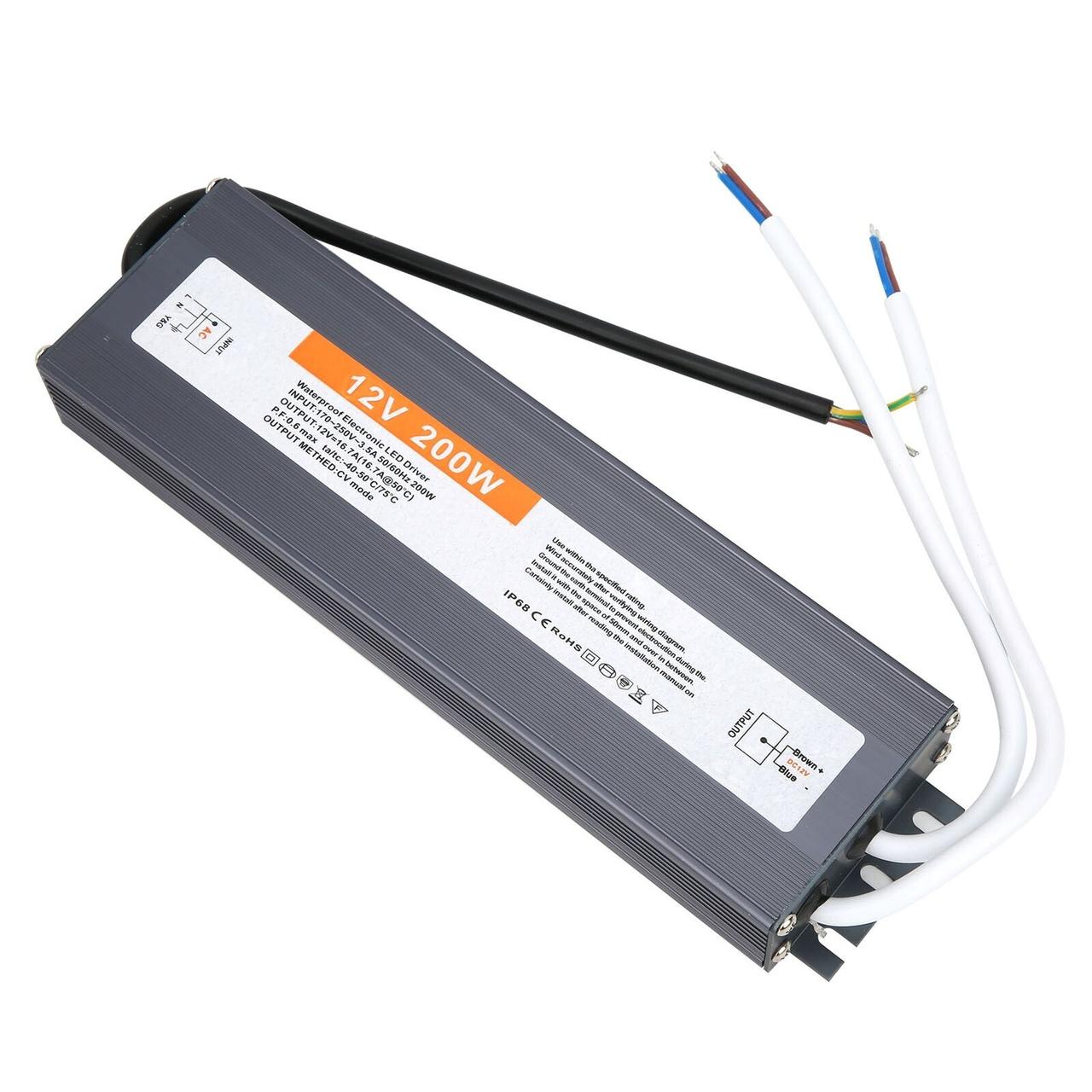 Блок живлення LEDTech 12v 16,7а 200 Вт Slim у герметичному корпусі ip68 (ip67). Преміум. Гарантія 2 роки