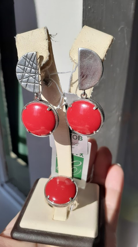 Срібний комплект із червоним коралом, фото 1