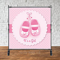 Банер 2х2м "Baby Shower (Бебі шауер/Гендер паті" - Фотозона (вініловий) - Пінетки для дівчинки