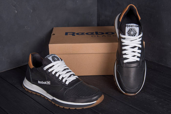 Мужские летние кроссовки Reebok кожаные, черные (рибок), весна/лето ...