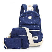 Уценка! Набор 3 в1: рюкзак, сумка через плечо и кошелек-косметичка, синий рюкзак в горошек УСС-2544-50-1