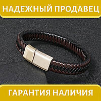 Шкіряний чоловічий браслет «Luxury» плетений з металевою вставкою (коричнево-чорний)