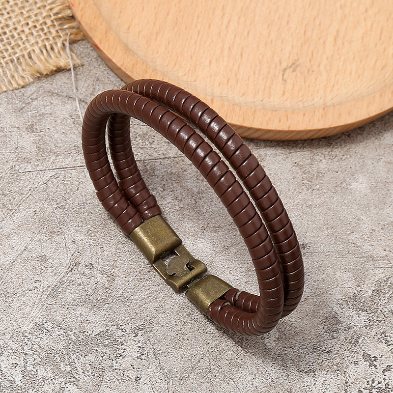 Подвійний шкіряний чоловічий браслет «Cobra» плетений в коричневому кольорі