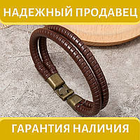 Двойной кожаный мужской браслет «Cobra» плетёный в коричневом цвете