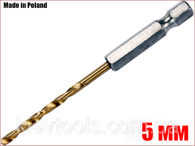 Свердло по металу 5 мм з шестигранним хвостовиком 1/4" HSS-TIN Yato YT-44761