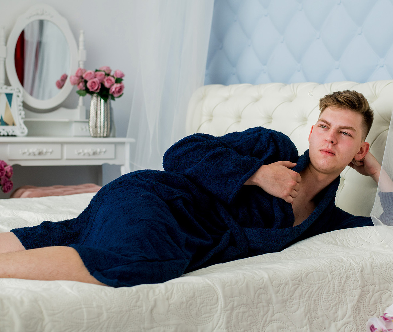 Банний Халат чоловічий синій махровий L-XXL