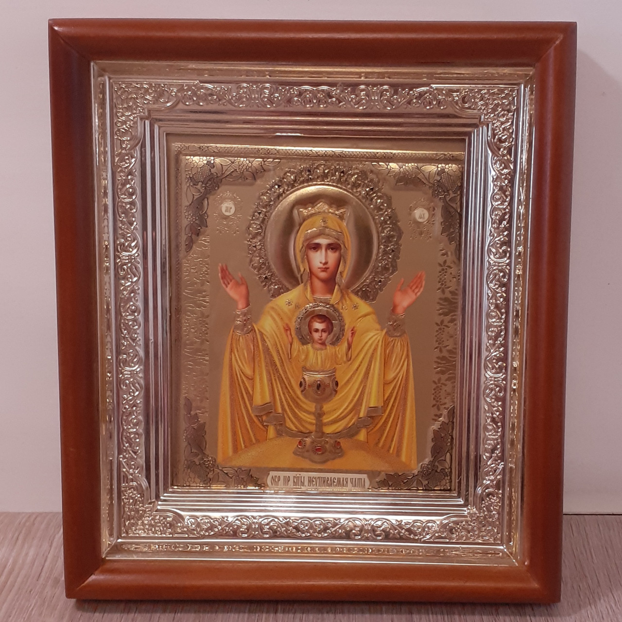 Ікона Невипивана Чаша Пресвята Богородиця, лик 10х12 см, у світлому прямому дерев'яному кіоті
