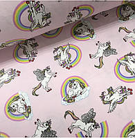 Фланелева тканина єдинороги на хмарах із веселкою на рожевому (шир. 2,4 м)