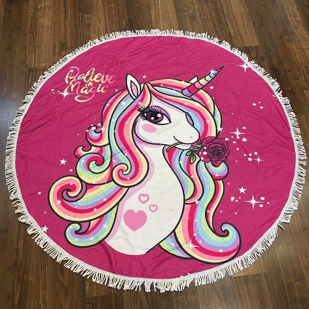 Пляжний килимок круглий єдиноріг з бахромою 150 см