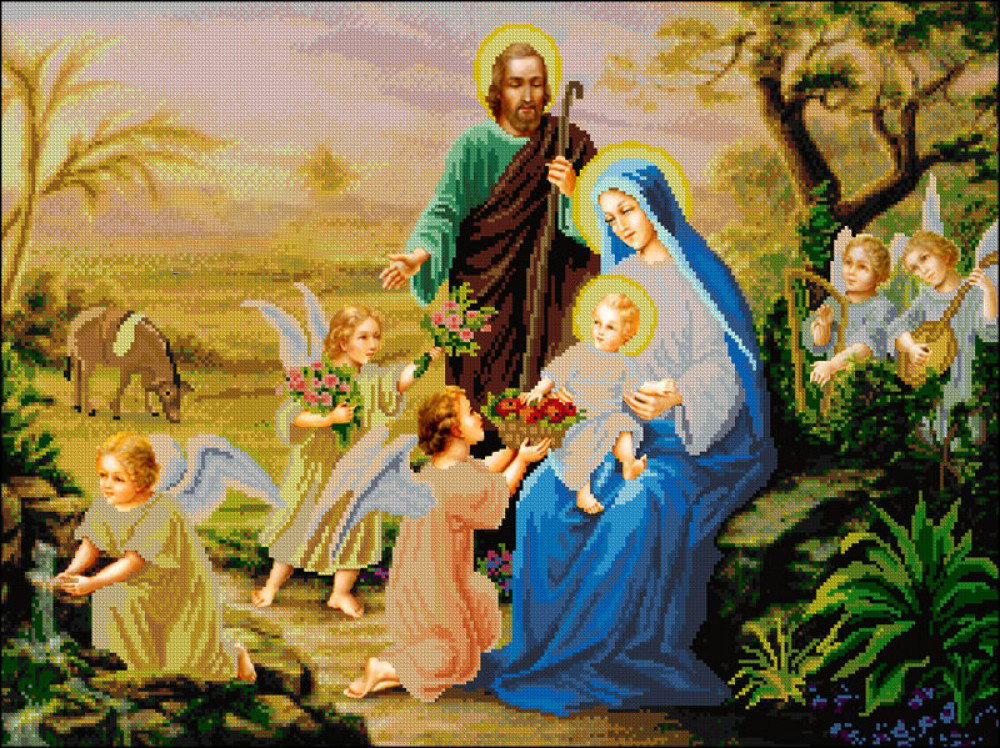 Схема вишивки бісером на габардині-Свята Родина із ангелами  А-2-019+