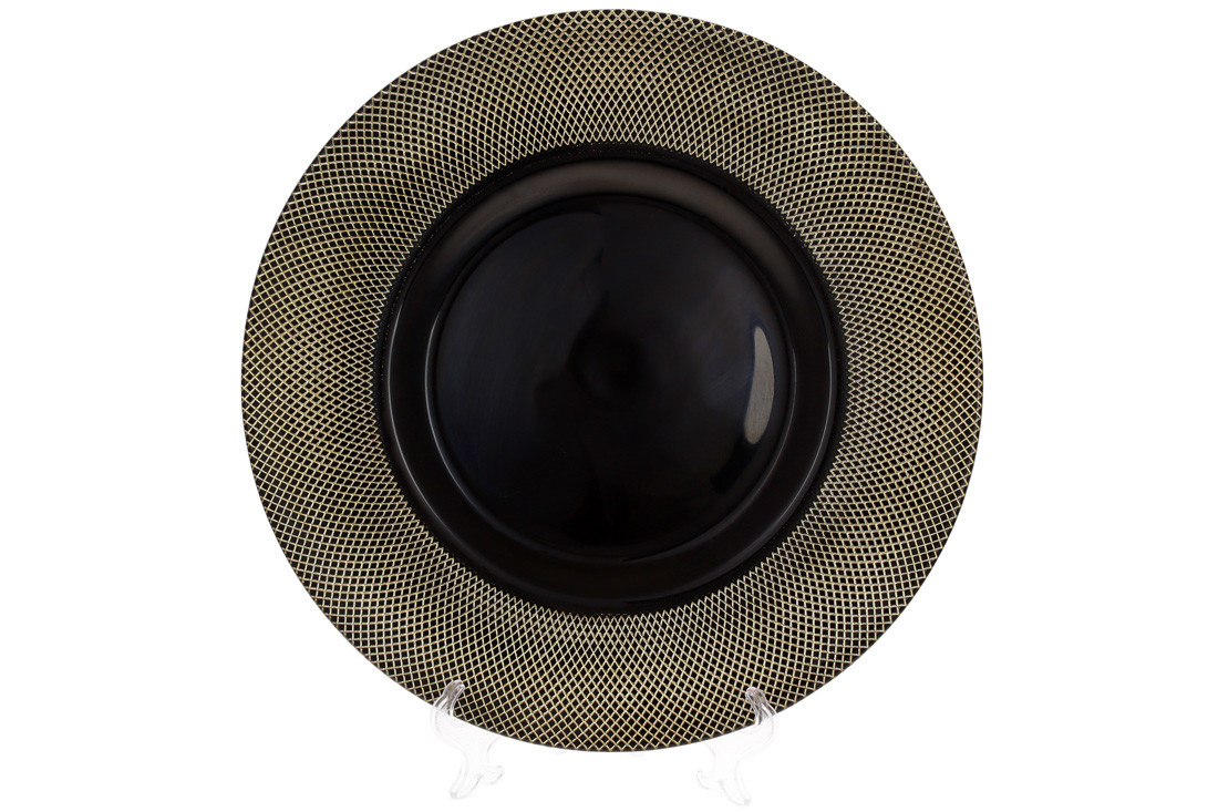 Сервірувальна тарілка скляна, колір — чорний із золотом 33 см (587-034)