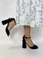 Красивые женские босоножки замшевые натуральные на каблуке с бантом,черные. Босоножки черные замша, лето