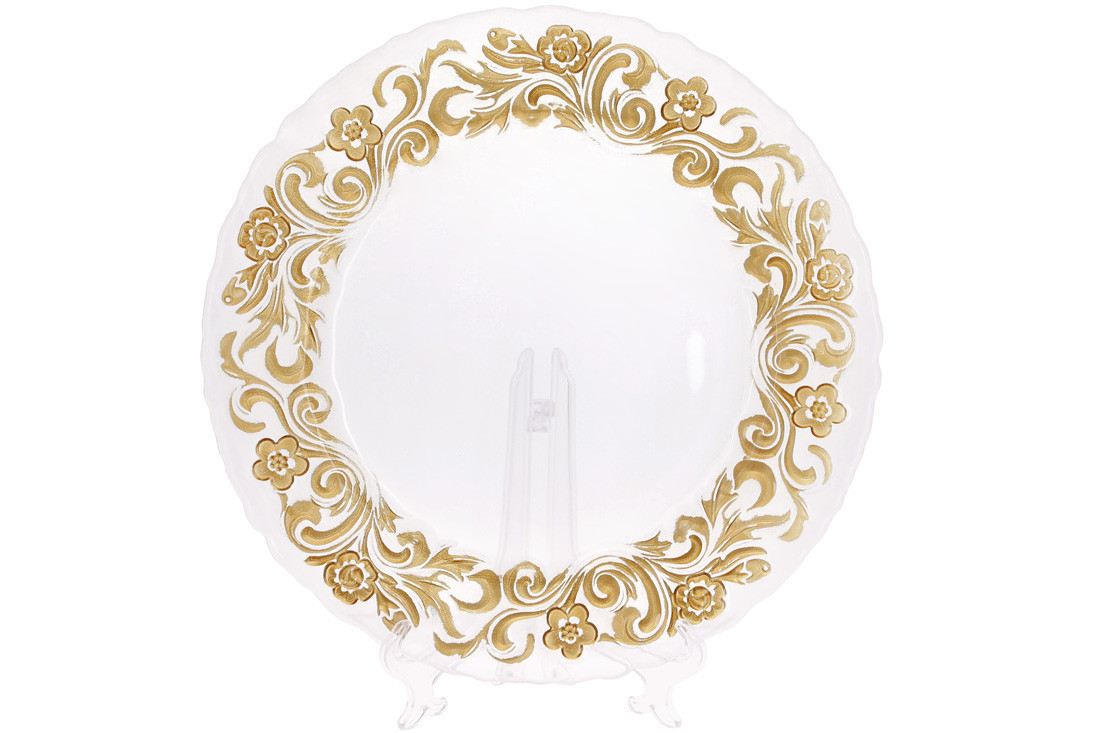 Сервірувальна тарілка скляна, колір — прозорий із золотим візерунковим кантом 33 см (587-043)