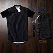 Чоловічий стильний літній комплект чорна сорочка в смужки + чорні брючні шорти Розміри : S, M, L, XL, фото 3
