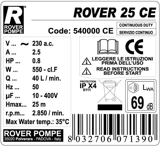 Насос Rover Pompe ROVER 25 HP 0.8 CE - фото 4 - id-p17897229