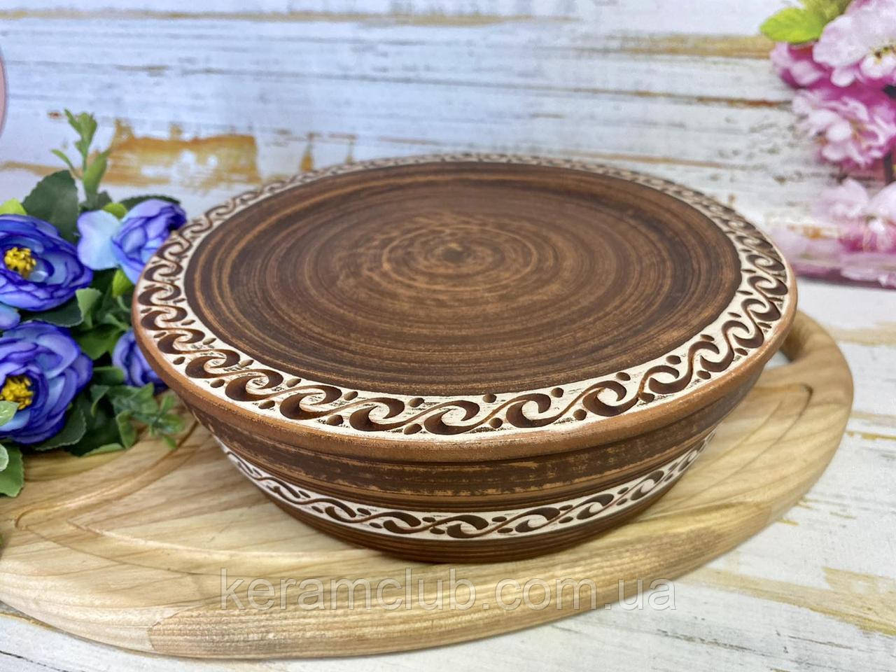 Салатник з тарілкою-кришкою для холодцю Ангоб 1.1 л из красной глины