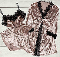 Халат+пижама майка и шорты - велюровый комплект тройка.