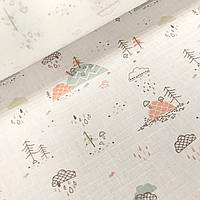 Ткань муслин Двухслойная холмы с грибочками и тучами разноцветные на белом (шир. 1,6 м) (MS-V-0081)