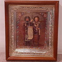 Ікона Кирило і Мефодій святі рівноапостольні, лик 10х12 см, в світлому прямому дерев'яному кіоті