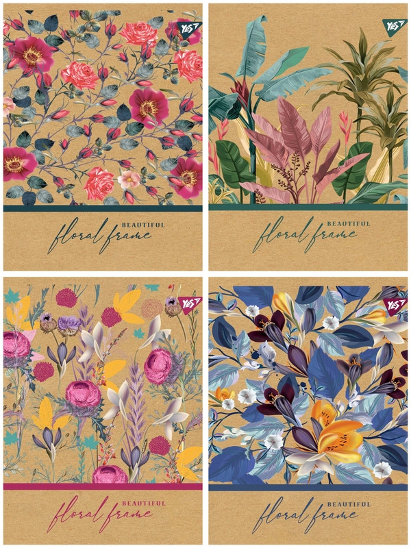Зошит в клітку 24 л Yes "Floral frame" крафт, білила А5 мікс 4 дизайну (765101)