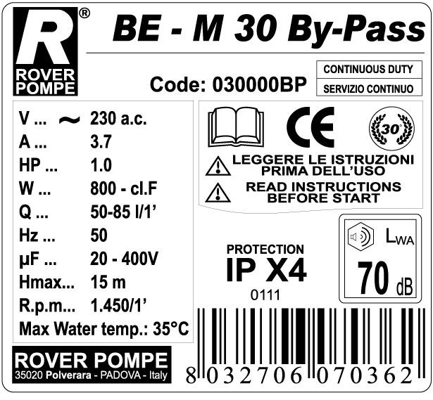 Насос Rover Pompe BE-M 30 By-Pass - фото 4 - id-p17897542