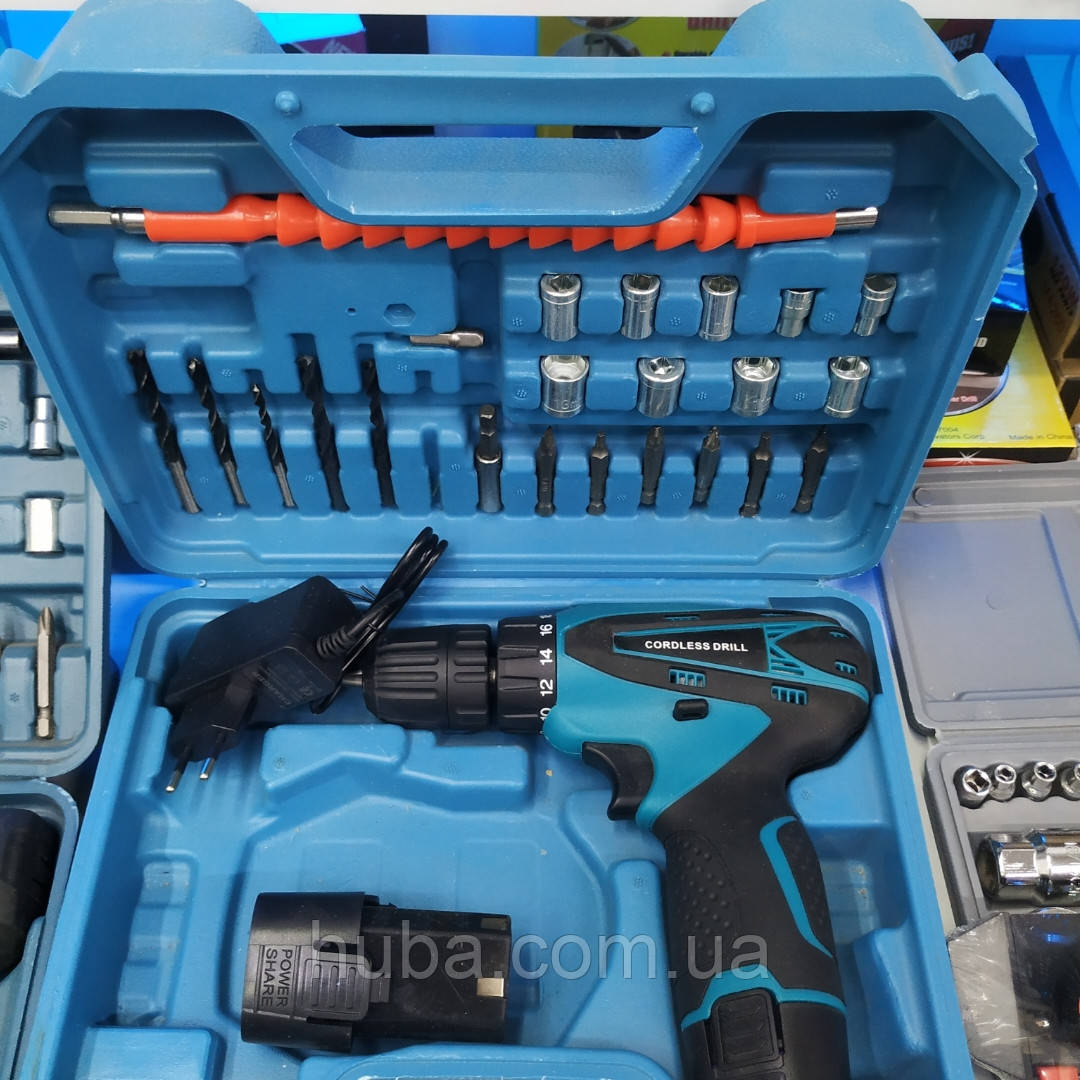 Шурупокрут акумуляторний із набором інструментів 12v.