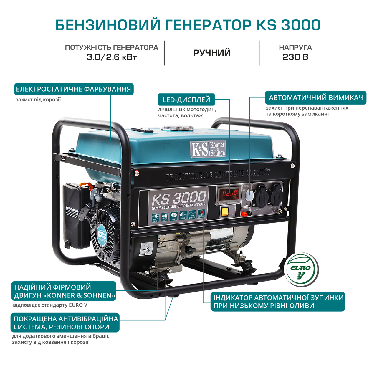 Konner&Sohnen KS3000 Бензиновий генератор 2.6 кВт Мідна обмотка AVR