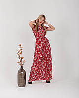 Батальное платье "3641", красный принт. Размеры двойные 56-58,58-60.